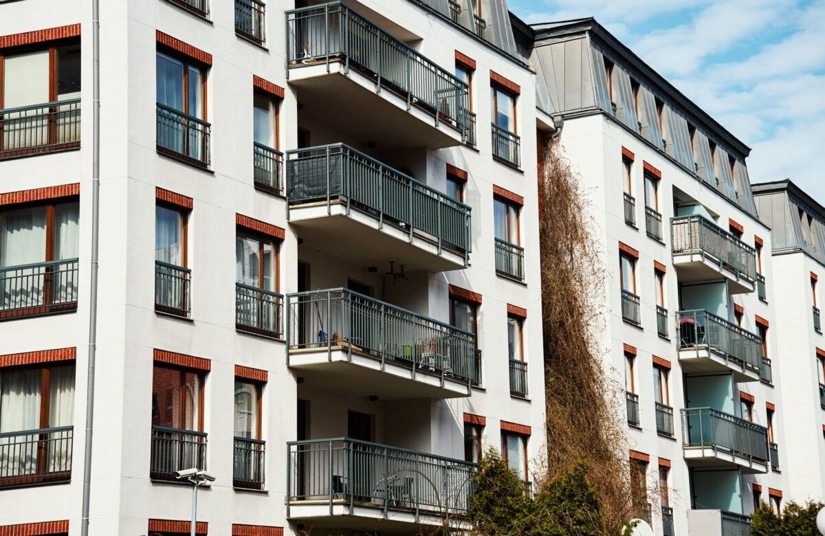 Modern residential complex in Gdansk, Poland. Living house facade with balconies. Apartment building. Mortgage in real estate