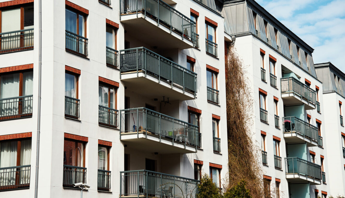Modern residential complex in Gdansk, Poland. Living house facade with balconies. Apartment building. Mortgage in real estate