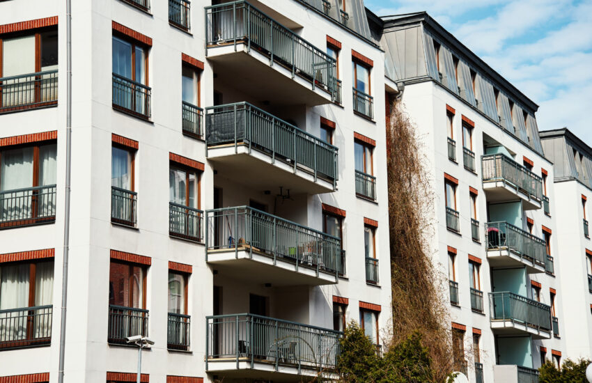 Modern residential complex in Gdansk, Poland. Living house facade with balconies. Apartment building. Mortgage in real estate